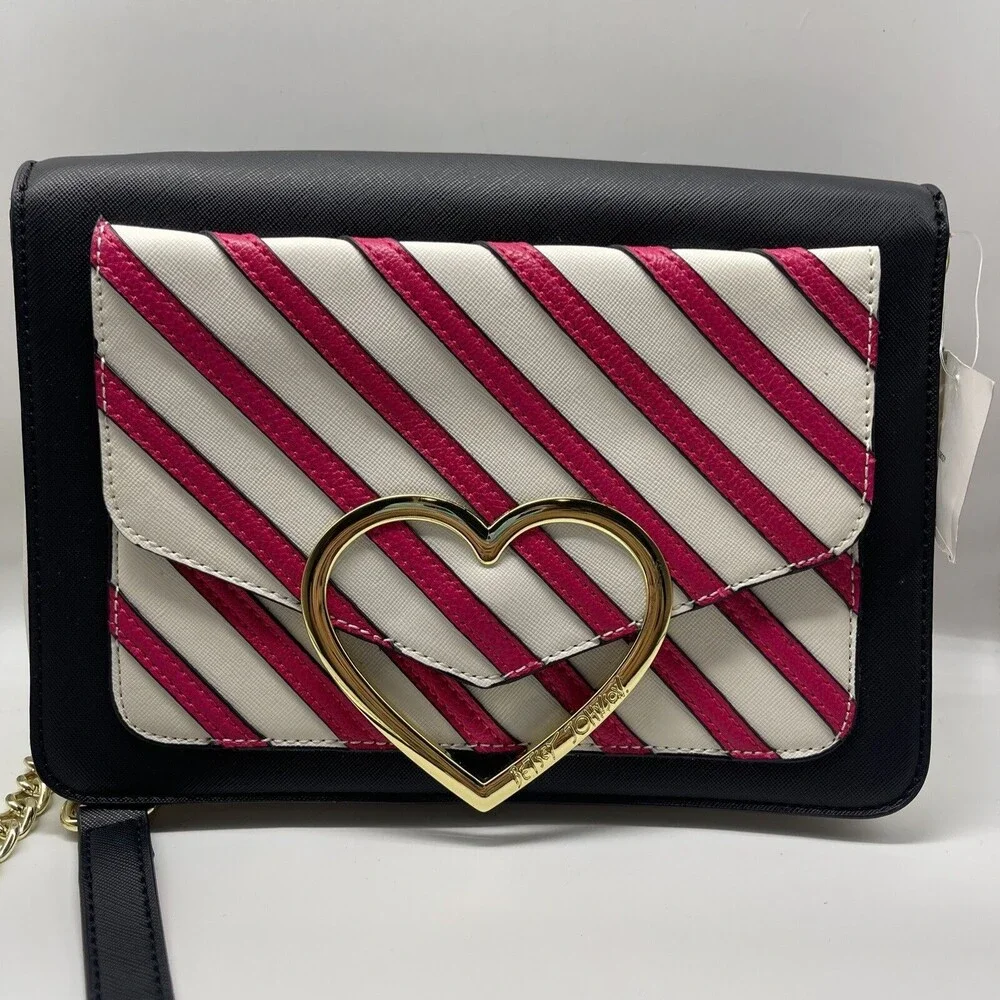 Betsey Johnson Pink Striped Heart Flap Crossbody Bag New